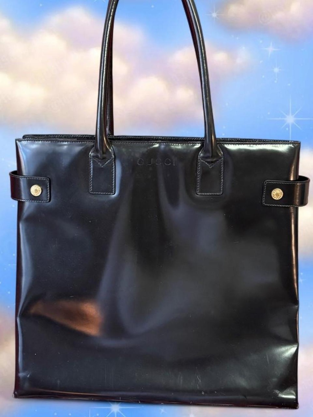 Gucci Black Patent Leather Structured Tote with Gold Buttons